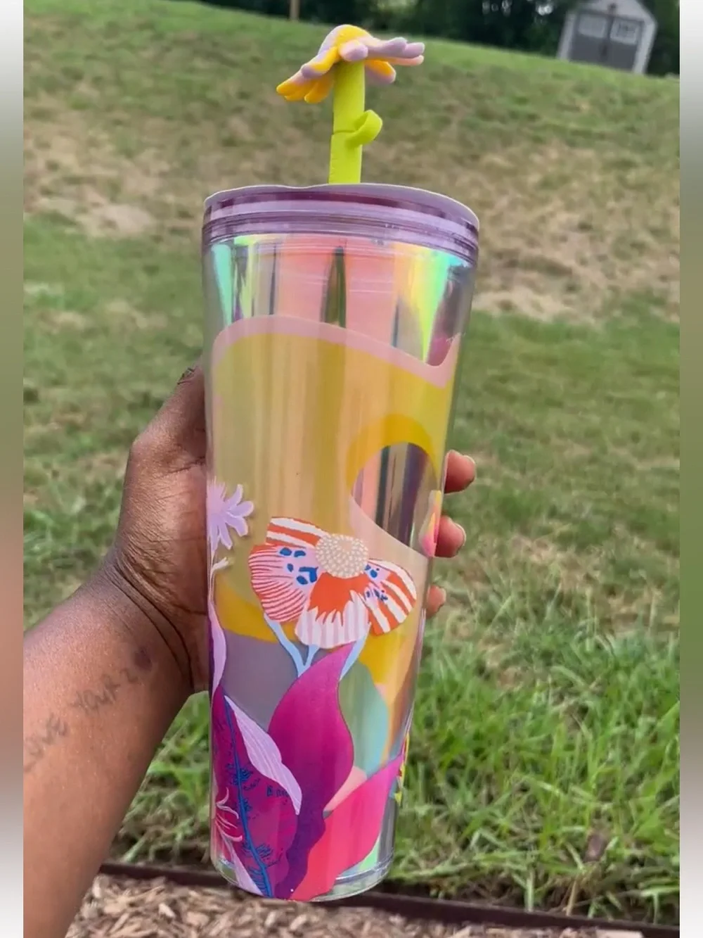 Starbucks Iridescent Floral Travel Tumbler with Flower Straw